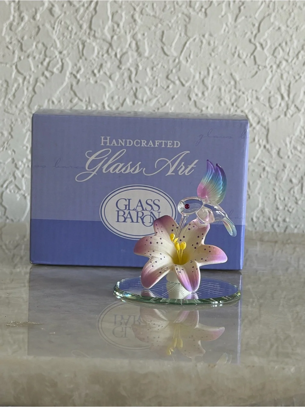 Brand crafted Glass Hummingbird and Flower Ornament - Purple/Pink accent
